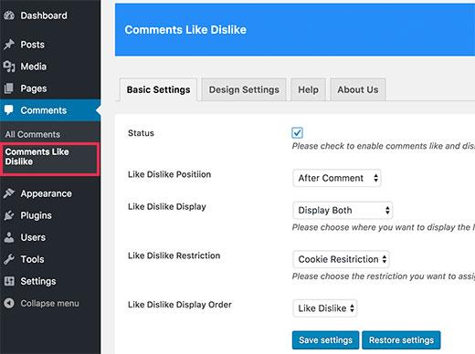 Comments like dislike settings Comments like dislike settings