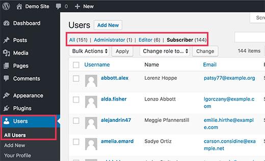 Users page in WordPress Users page in WordPress