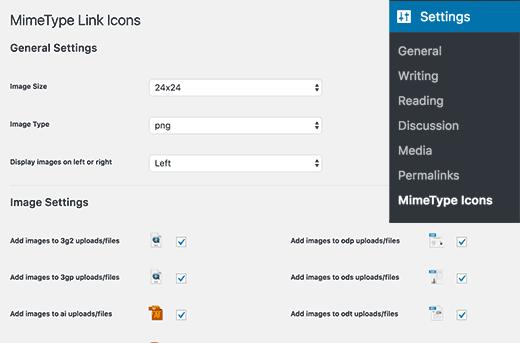 MimeType Link Icon settings MimeType Link Icon settings
