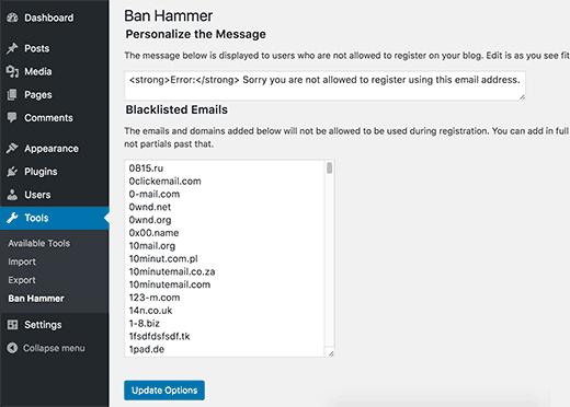 Settings page for Ban Hammer plugin Settings page for Ban Hammer plugin