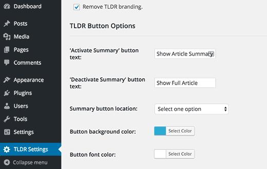 TLDR settings page TLDR settings page