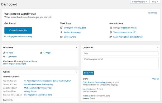 Default WordPress admin dashboard panels Default WordPress admin dashboard panels