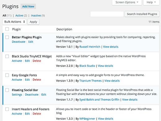 Default plugins screen in WordPress Default plugins screen in WordPress