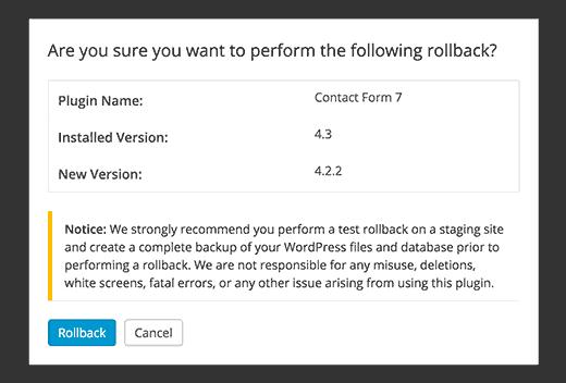 Rollback warning message Rollback warning message