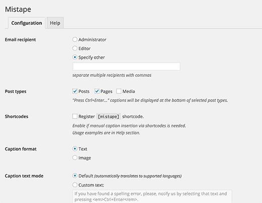 Mistape settings page Mistape settings page