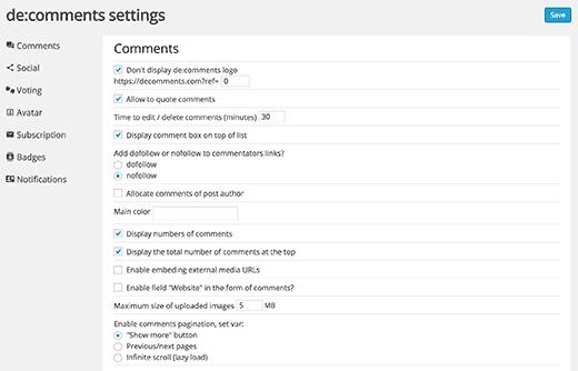 General settings for De:comments General settings for De:comments