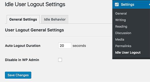 Settings page for Idle User Logout plugin Settings page for Idle User Logout plugin