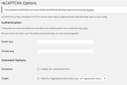 WP-reCAPTCHA settings WP-reCAPTCHA settings