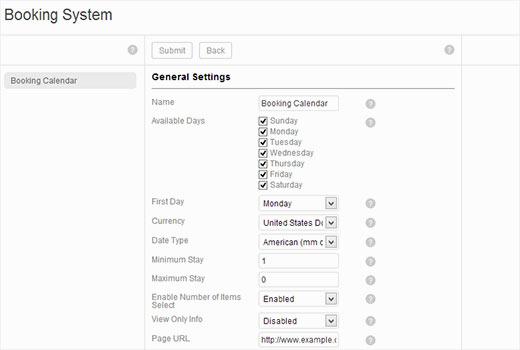 Booking system general settings Booking system general settings