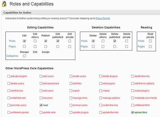 Select capabilities for a user role Select capabilities for a user role