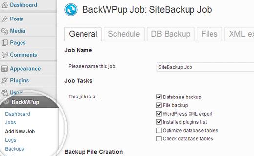 Create a new backup job in BackWPup Create a new backup job in BackWPup