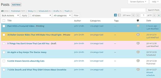 Colored post list in WordPress admin area Colored post list in WordPress admin area