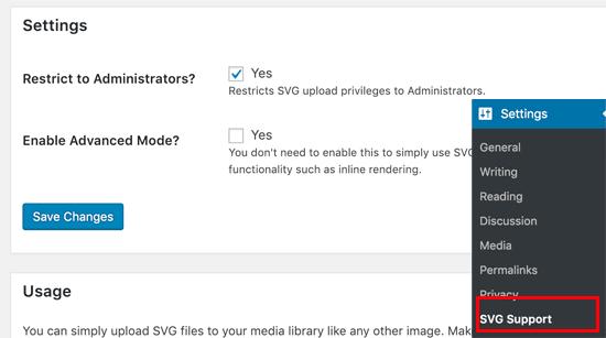 SVG support settings SVG support settings