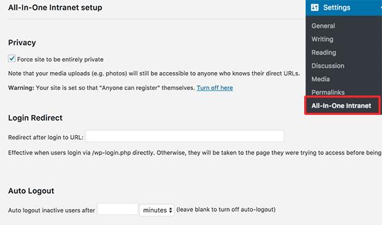 All in One Intranet settings All in One Intranet settings