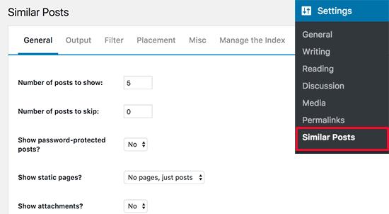 Similar posts plugin settings