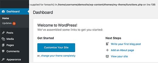 Error in WordPress admin area Error in WordPress admin area