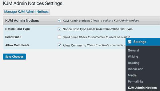KJM Admin Notices settings KJM Admin Notices settings