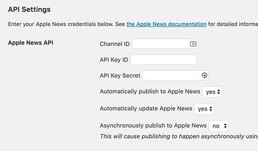 Publish to Apple News settings Publish to Apple News settings