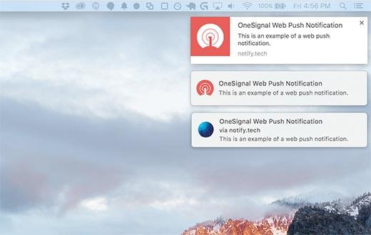 Web push notifications displayed on Desktop with Google Chrome, Firefox, and Safari web browsers Web push notifications displayed on Desktop with Google Chrome, Firefox, and Safari web browsers
