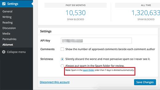 Comment spam delete schedule shown in Akismet settings Comment spam delete schedule shown in Akismet settings