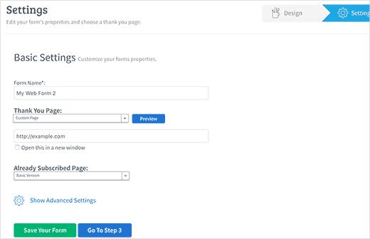 Form settings Form settings