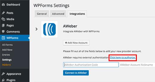 AWeber integration under WPForms settings AWeber integration under WPForms settings