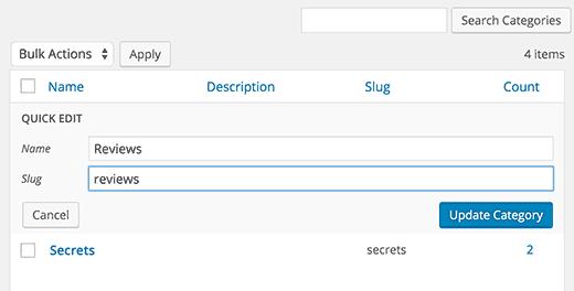 Changing category slug using quick edit Changing category slug using quick edit