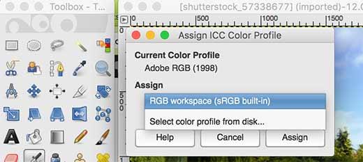 Assign color profile in GIMP Assign color profile in GIMP