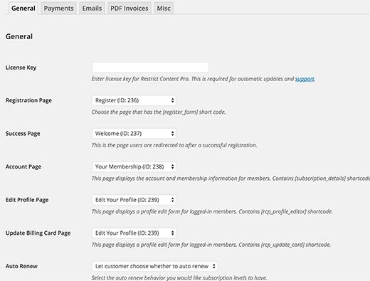 Restrict Content Pro - General settings page Restrict Content Pro - General settings page