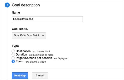 Entering custom goal title and selecting event as the goal type Entering custom goal title and selecting event as the goal type