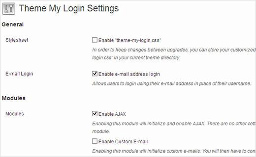 Theme My Login settings page