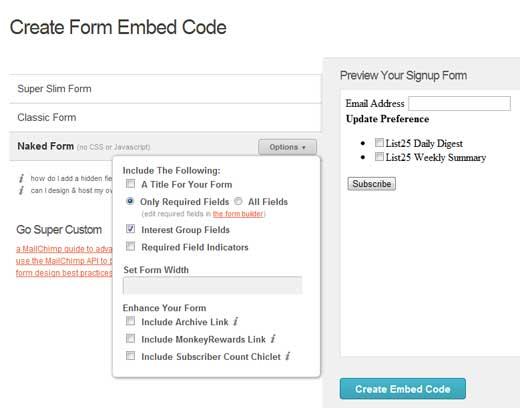 MailChimp Naked Form Options MailChimp Naked Form Options