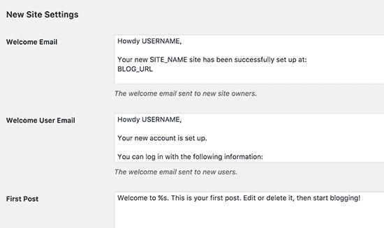 New site settings New site settings
