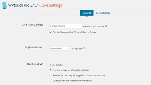 WP Touch Pro Core Settings WPTouch Pro Core Settings