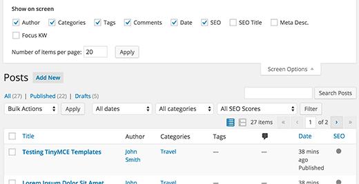 Screen options on the posts page. Screen options on the posts page.