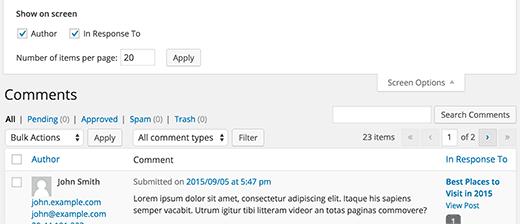 Comments page screen options Comments page screen options
