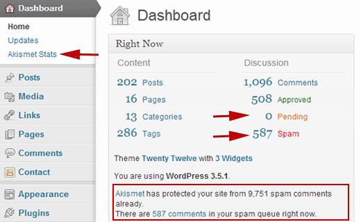 Akismat stats overview on WordPress admin dashboard Akismat stats overview on WordPress admin dashboard