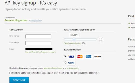 Akismet signup and payment page Akismet signup and payment page