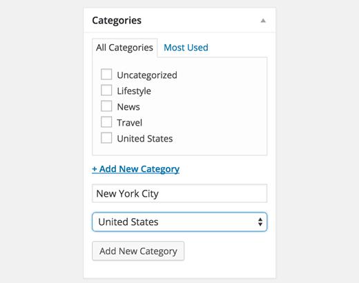 Adding child category from post edit screen Adding child category from post edit screen