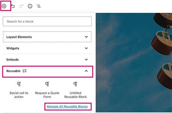 Manage reusable blocks link Manage reusable blocks link