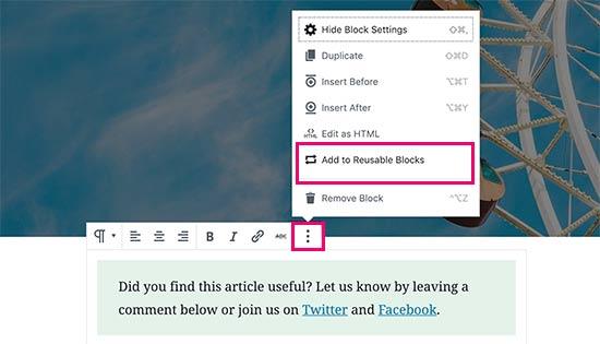 Add to reusable blocks Add to reusable blocks