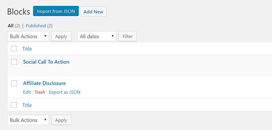Gutenberg reusable blocks management page Gutenberg reusable blocks management page