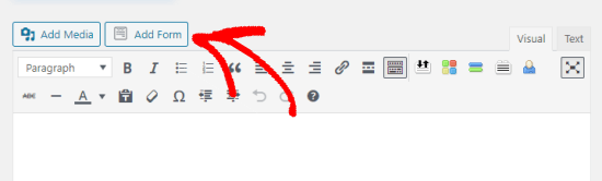 WordPress 页面编辑器中的“添加表单”按钮