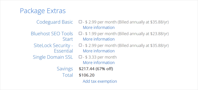 取消选中 bluehost package extras