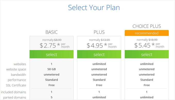 选择您的 bluehost 计划