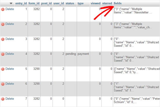 WordPress 数据库 phpMyAdmin 视图中的联系表单数据字段 WordPress 数据库 phpMyAdmin 视图中的联系表单数据字段