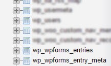 在哪里可以找到 wp_wpforms_entries 表 phpMyAdmin 列表中显示的 wp_wpforms_entries 和 wp_wpforms_entry_meta 表