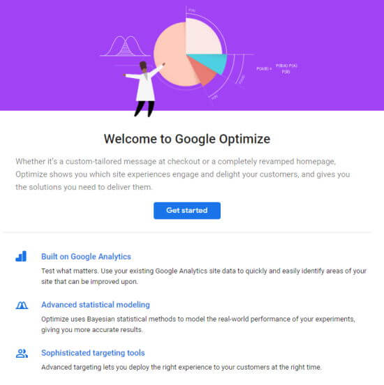 Google Optimize 的欢迎页面，带有“开始”按钮