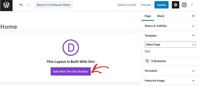 单击屏幕中心的使用 Divi Builder 按钮