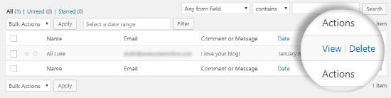 查看 WPForms 条目详细信息 由红色箭头指示的查看链接,单击该链接可查看联系表单条目详细信息